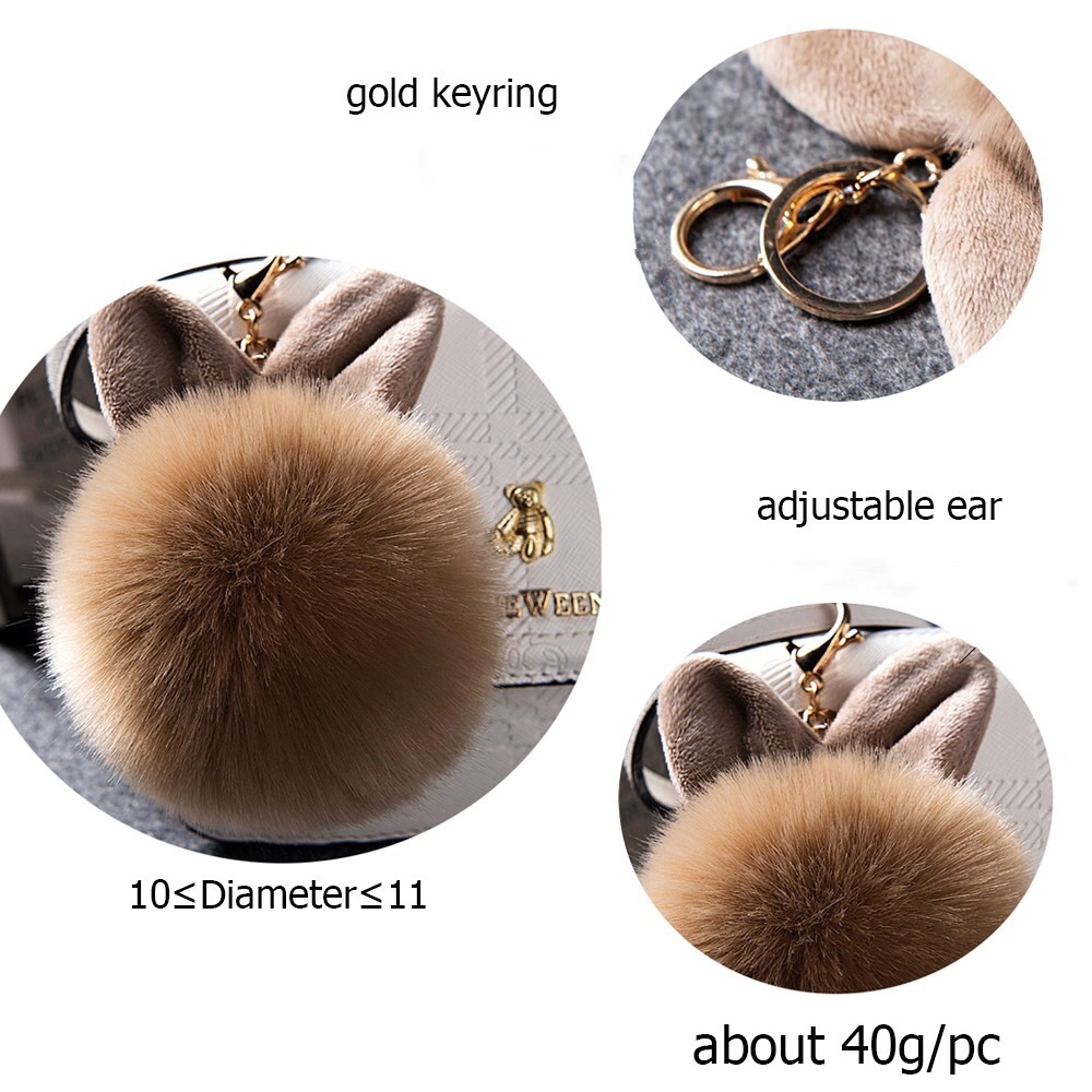 Pink Fluffy Bunny Ears Pom Pom Keychain - Picture 2 of 3